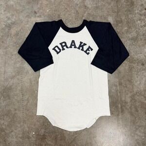 True Vintage 70s Drake University Navy Blue & White 3/4 Raglan Sleeve Tee Size M